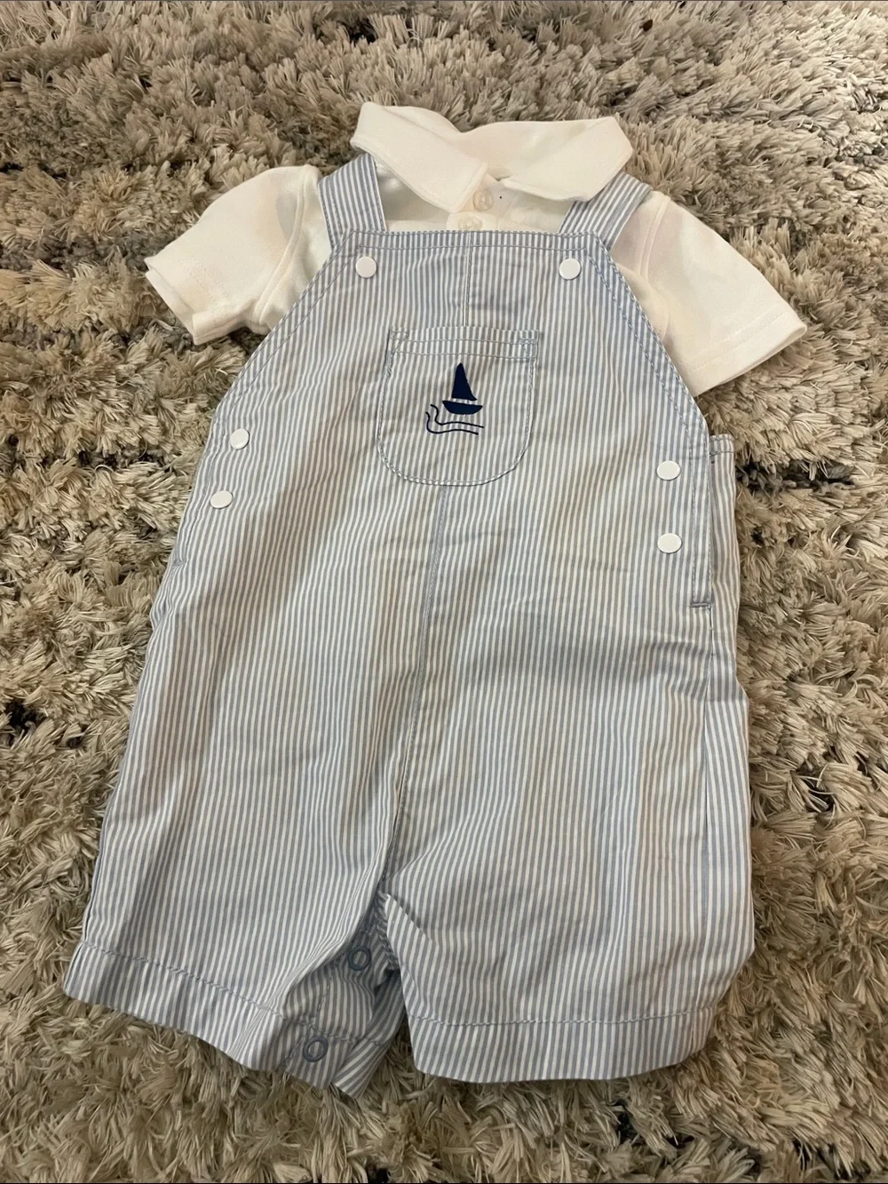 Carter's Light Blue & White Striped Overalls with Sailboat